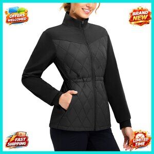 Quilted Puffer Jacket Lightweight Warm Water Resistant Stand Collar Golf Winter